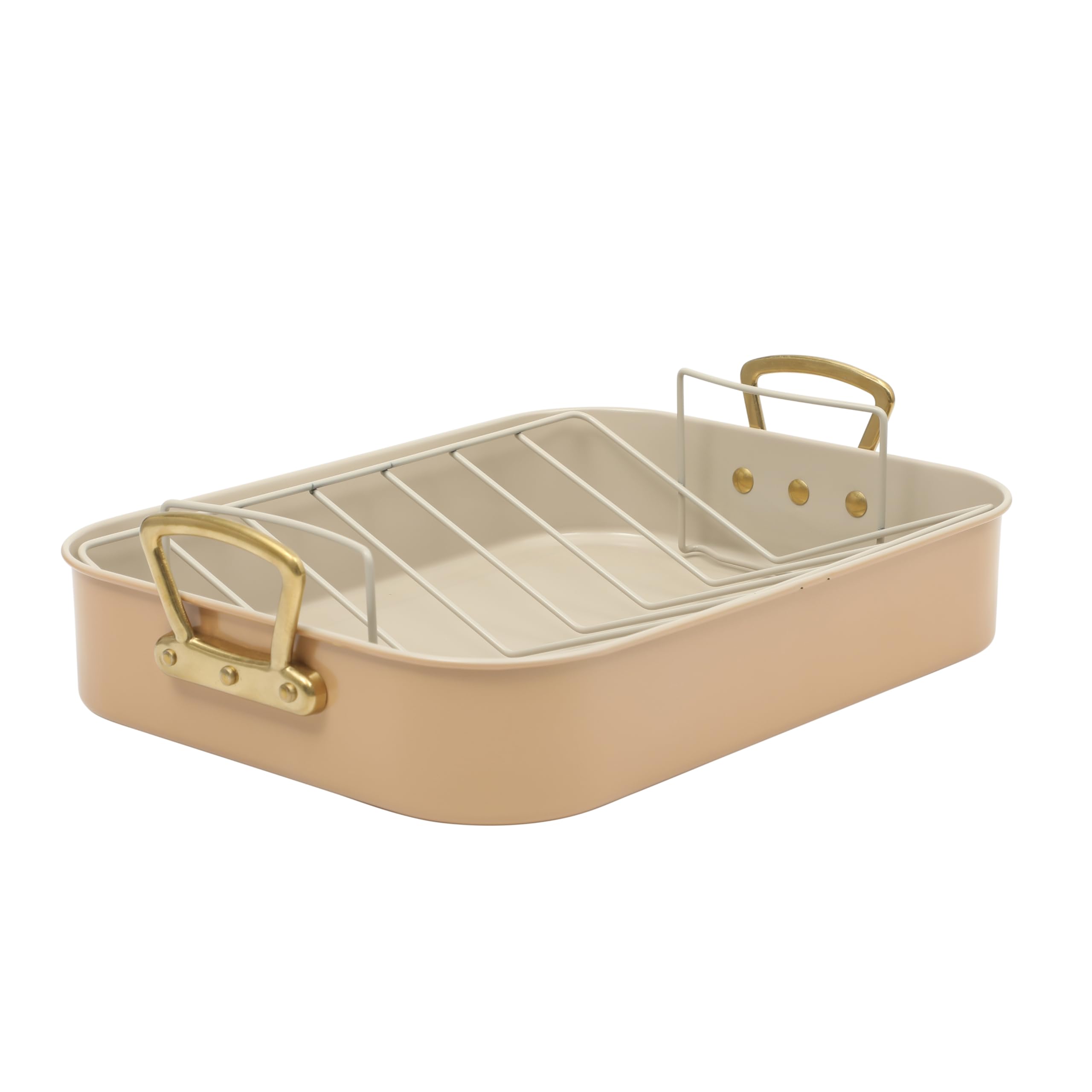Gibson Home Broxton apricot carbon steel nonstick roasting pan with rack and gold-tone handles