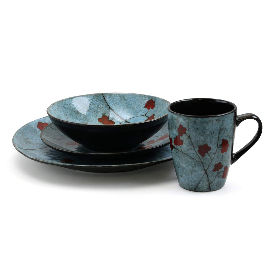 Elama Floral Accents 16-Piece Stoneware Dinnerware Set, Blue with Red Floral - Service for 4