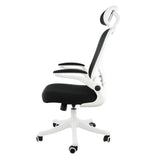 Elama white and black ergonomic mesh office chair, side profile showing the white frame, adjustable headrest and flip-up arms