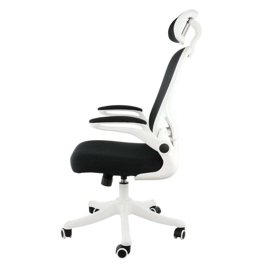 Elama white and black ergonomic mesh office chair, side profile showing the white frame, adjustable headrest and flip-up arms