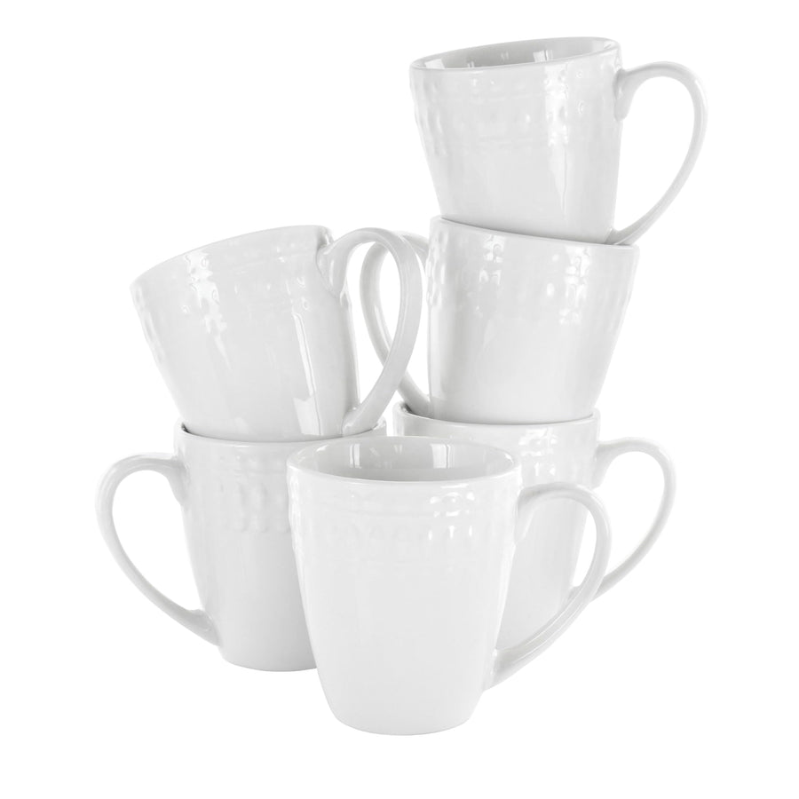 Elama Cara 6-Piece 10 oz Porcelain Cup Set, White, Dimpled Texture Band, Dishwasher and Microwave Safe