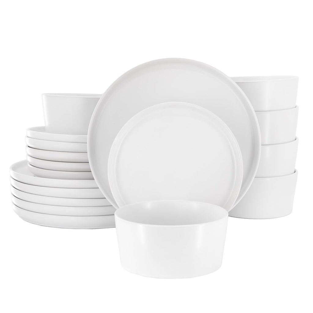 Elama Josh 18-Piece Round Stoneware Dinnerware Set — White Tableware Service for 6, Includes Plates, Bowls & Mugs, Microwave & Dishwasher Safe