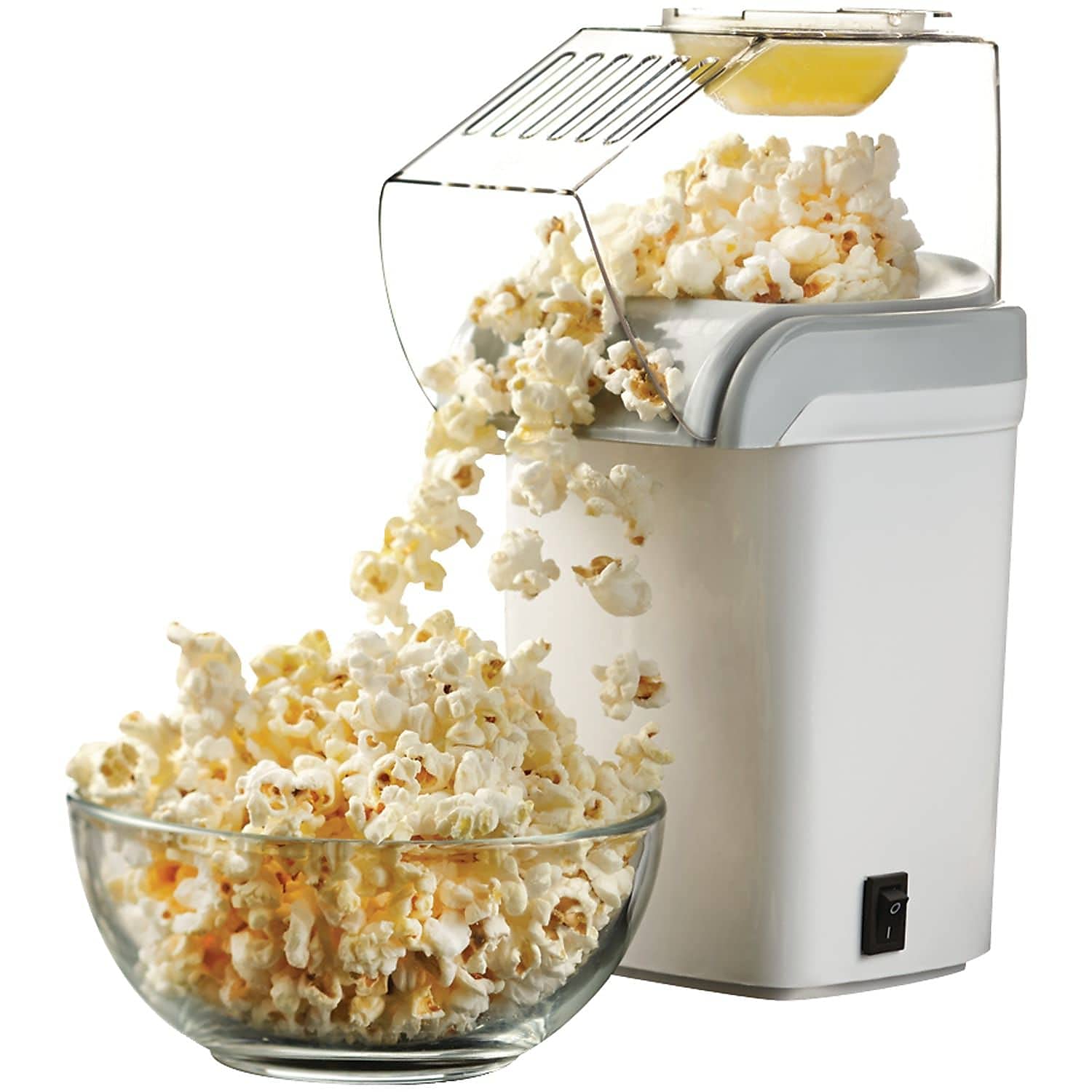 Brentwood PC-486W 8-cup hot air popcorn maker, white, with butter-melting scoop lid