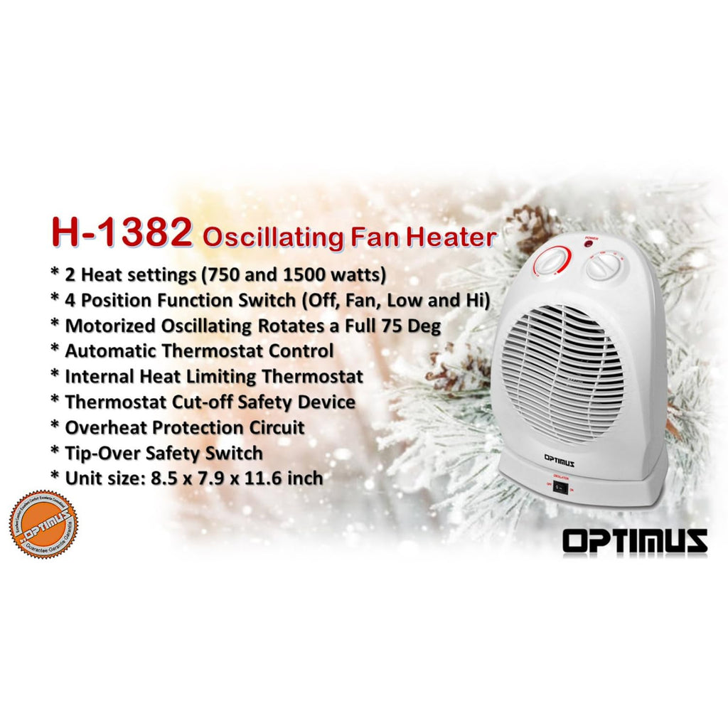 Optimus H-1382 Portable Oscillating Fan Heater with Adjustable Thermostat – 1500W Personal Space Heater for Home & Office