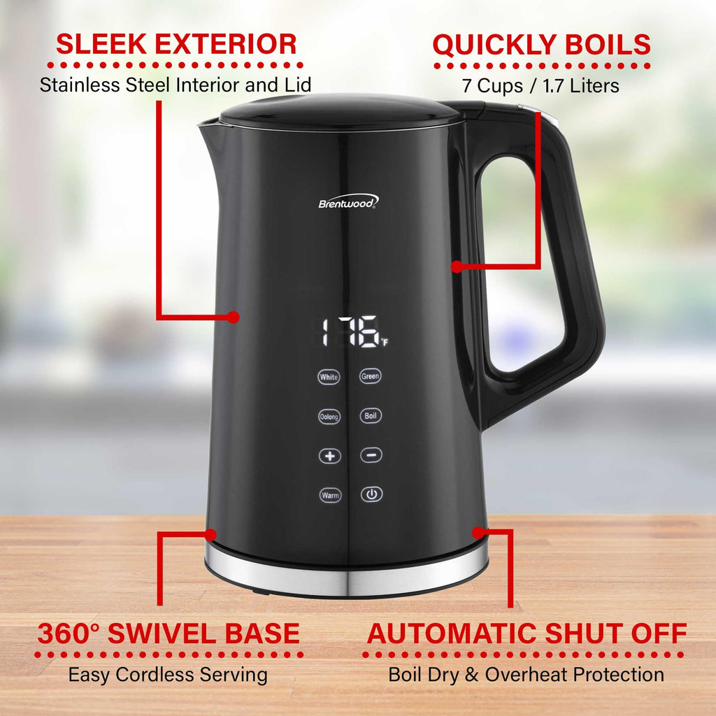 Brentwood KT-2015DBK 1.7L 1100W Digital Cool-Touch Electric Kettle - Black, 13 Temperature Settings