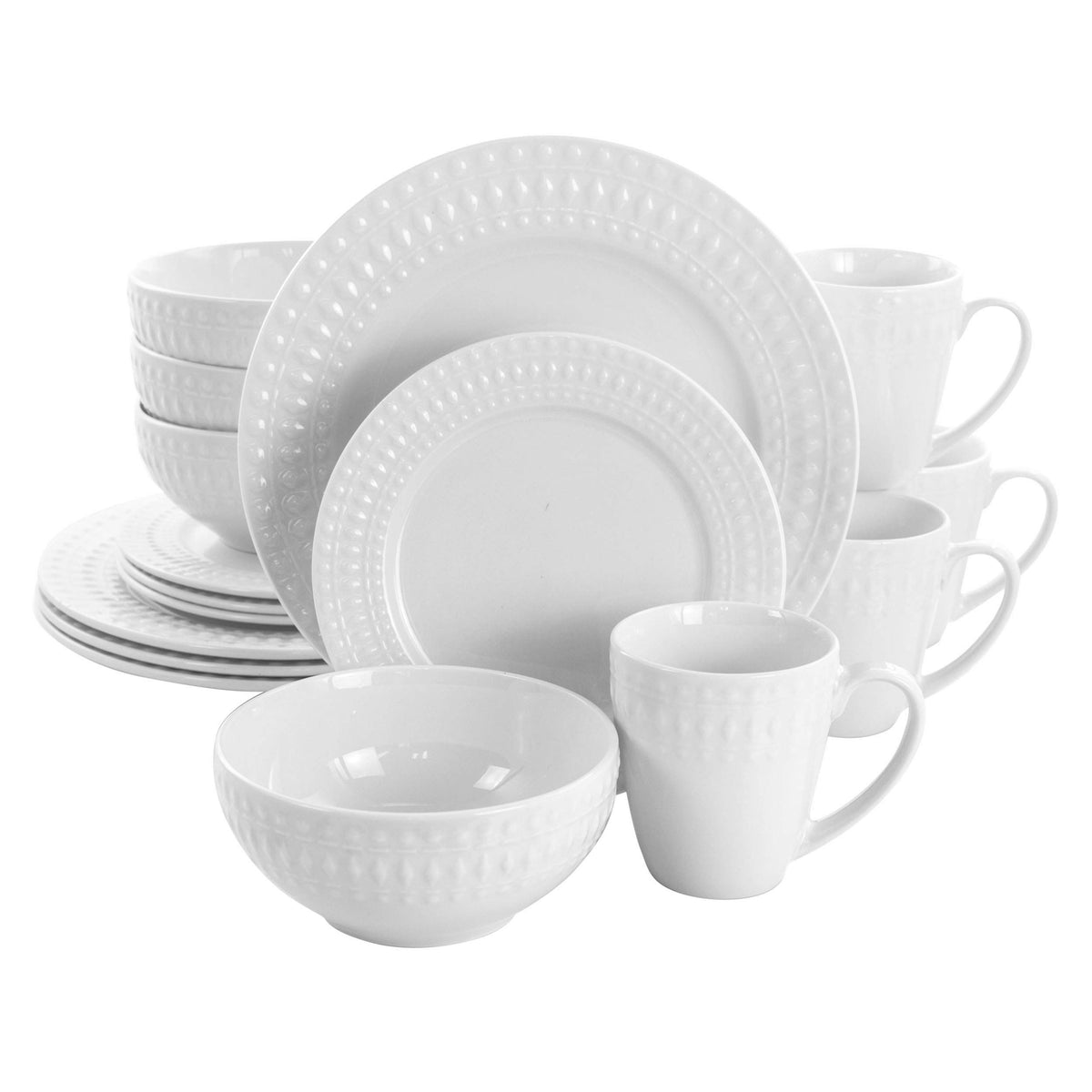 Elama Cara 16-Piece Round Porcelain Dinnerware Set, White, Service for 4