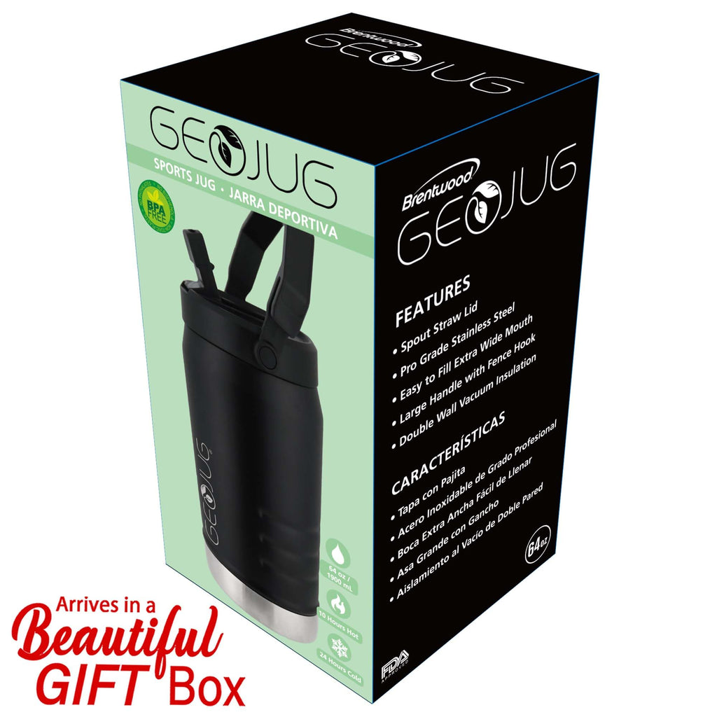 Brentwood GeoJug G-1900BK 64 oz Vacuum Insulated Sports Water Jug with Straw Lid and Fence Hook - Black