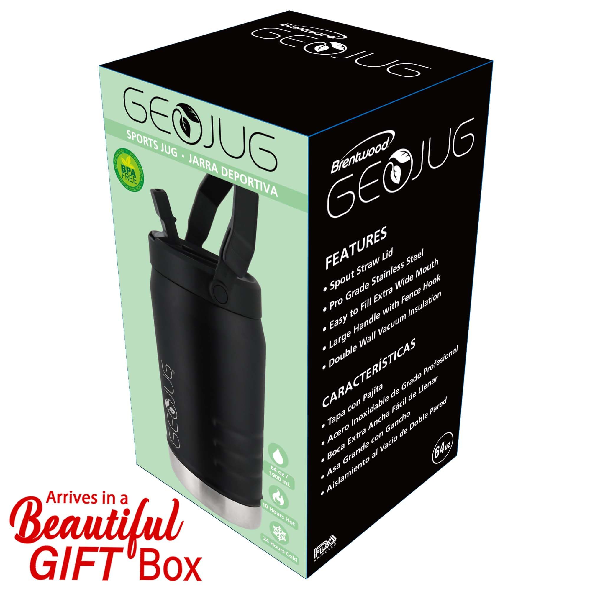Brentwood GeoJug G-1900BK 64 oz Vacuum Insulated Sports Water Jug with Straw Lid and Fence Hook - Black