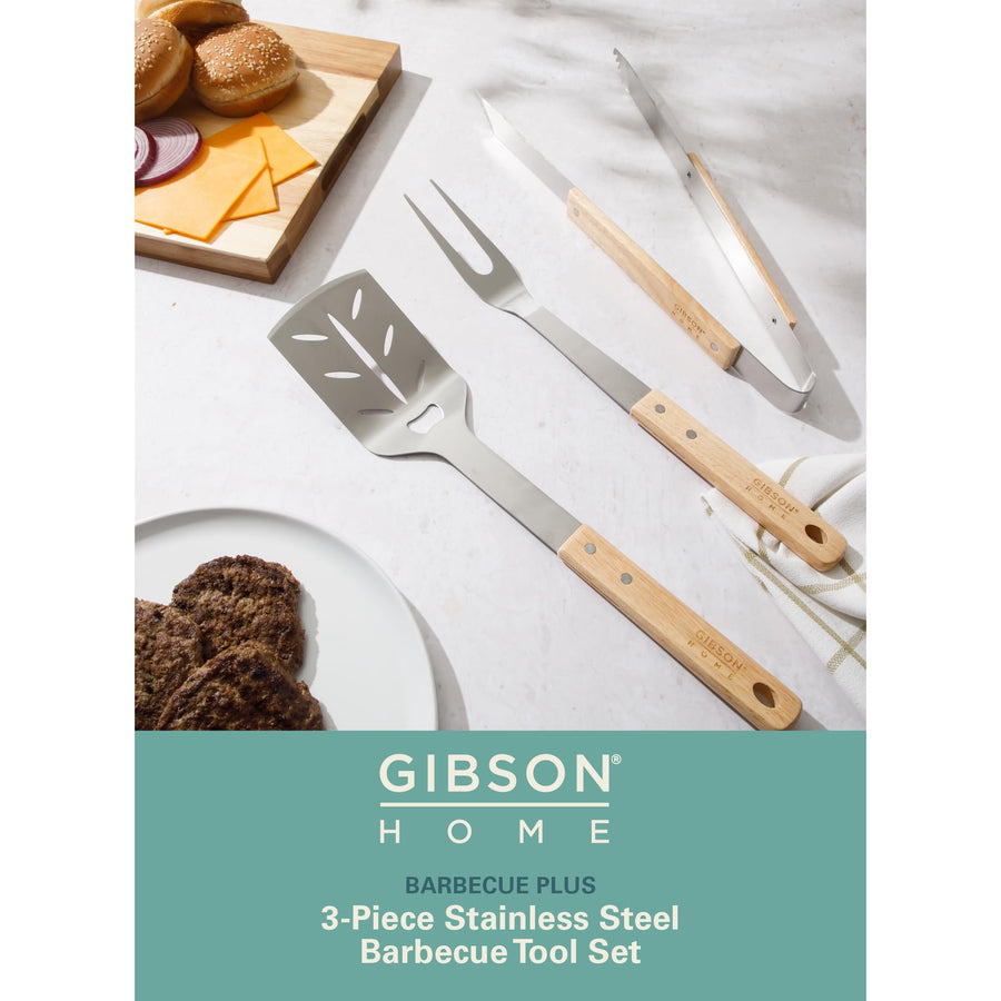 Gibson Home Barbeque Plus 3-Piece Stainless Steel BBQ Tool Set with Rubberwood Handles
