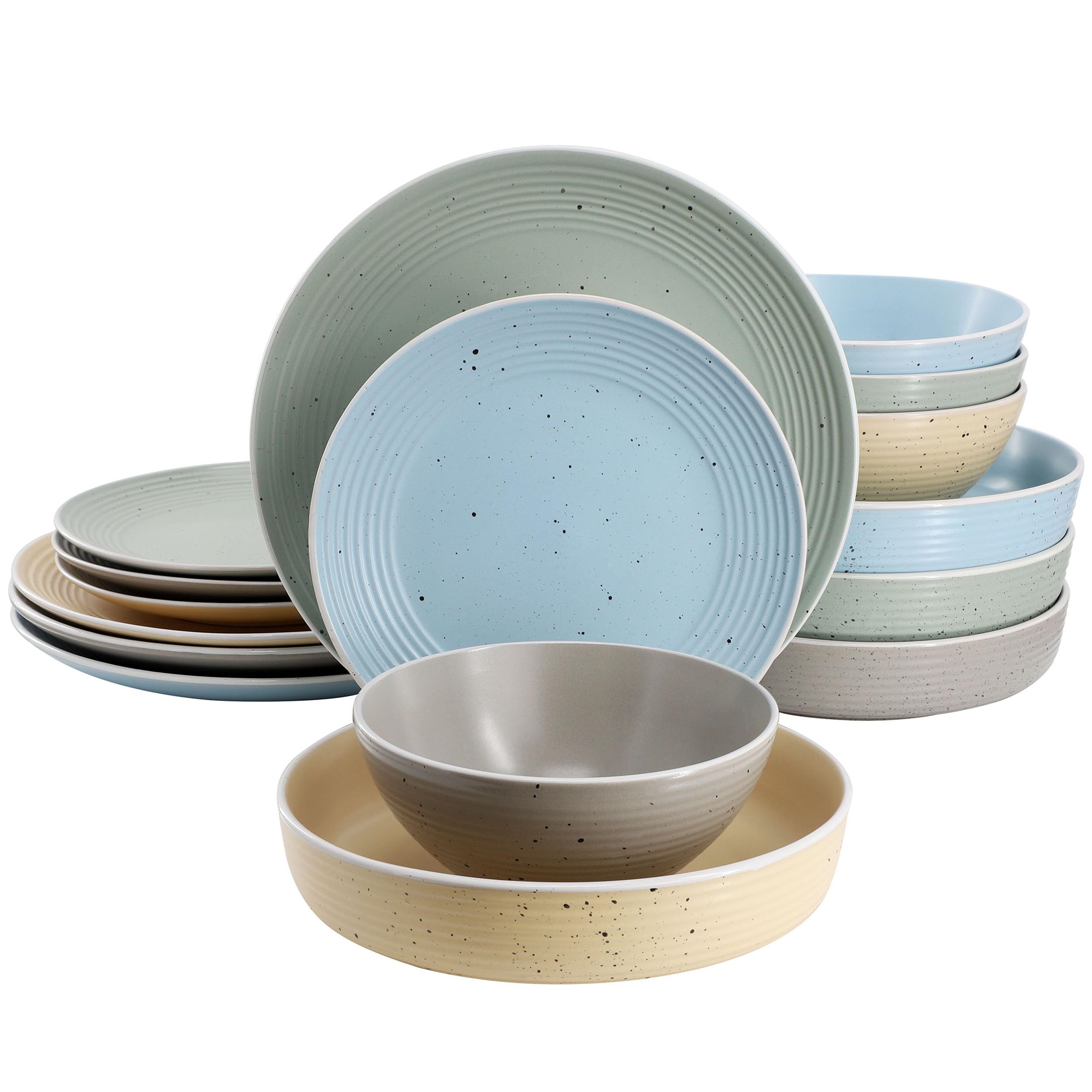 Elama Emilia 16-Piece Double-Bowl Stoneware Dinnerware Set – Speckled Multi-Color, Service for 4 with Pasta Bowls & Cereal Bowls