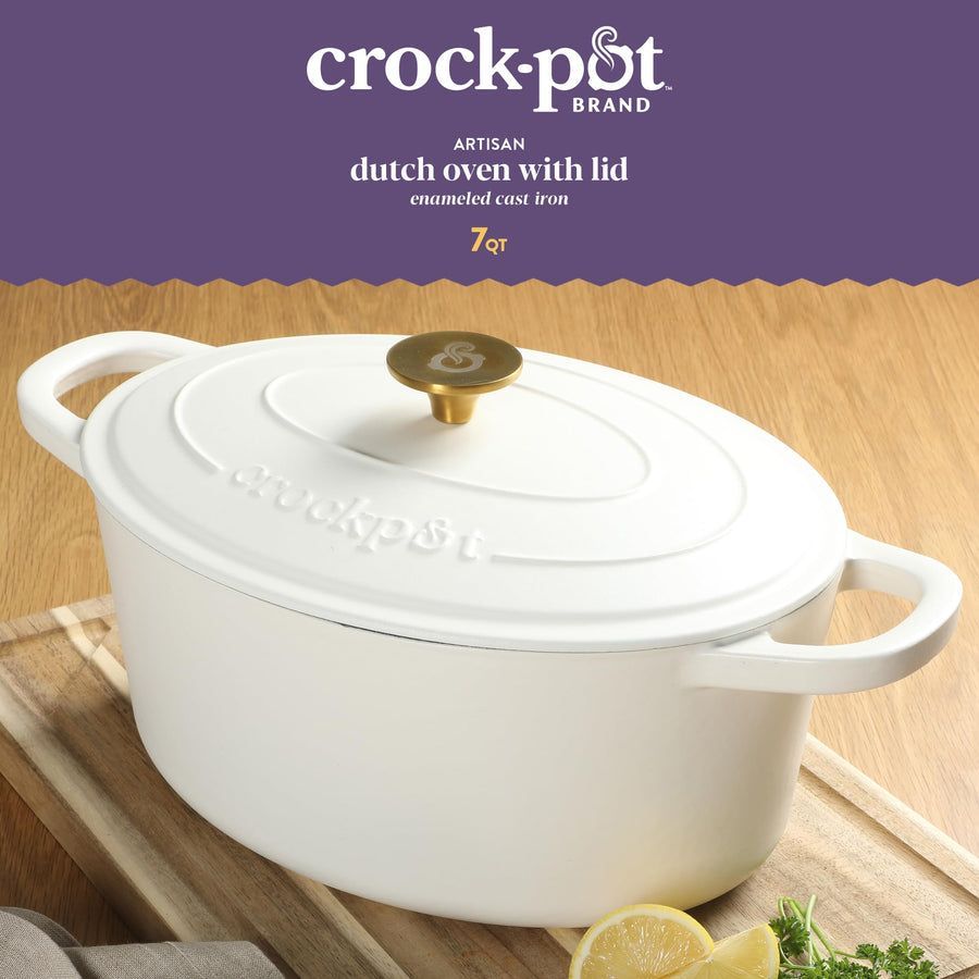 Crock-Pot Artisan 7-Quart Oval Enameled Cast Iron Dutch Oven with Lid, Linen White with Gold Knob
