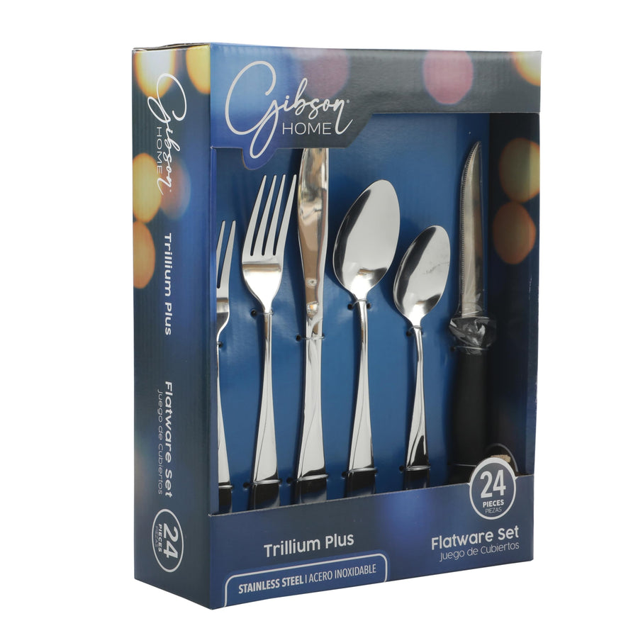 Gibson Home Trillium Plus 24-piece stainless steel flatware set with steak knives and sweeping wave handles, service for 4