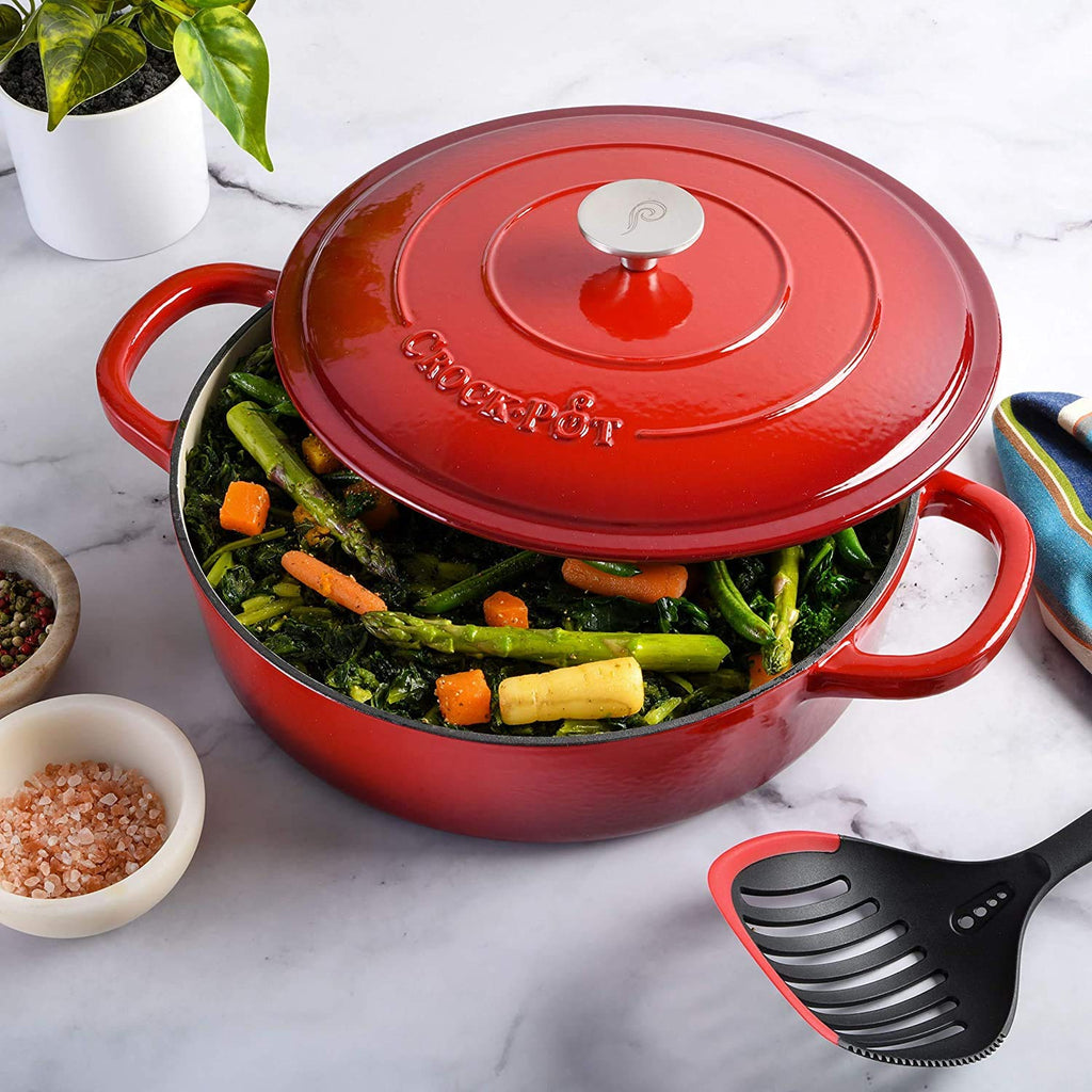 Crock-Pot Artisan 5-Quart Enameled Cast Iron Braiser with Lid – Scarlet Red Heavy-Duty Cookware