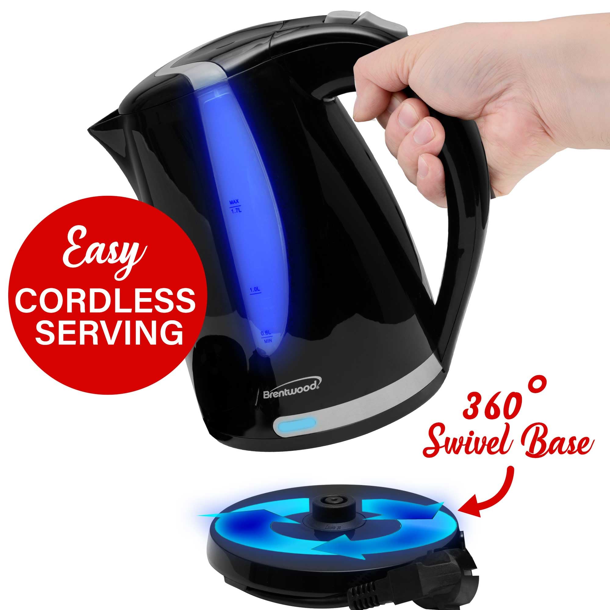Brentwood 1.7L 1100W Cordless Electric Kettle – Black, 360-Degree Base with Concealed Stainless Element, Auto Shut-Off & Boil-Dry Protection
