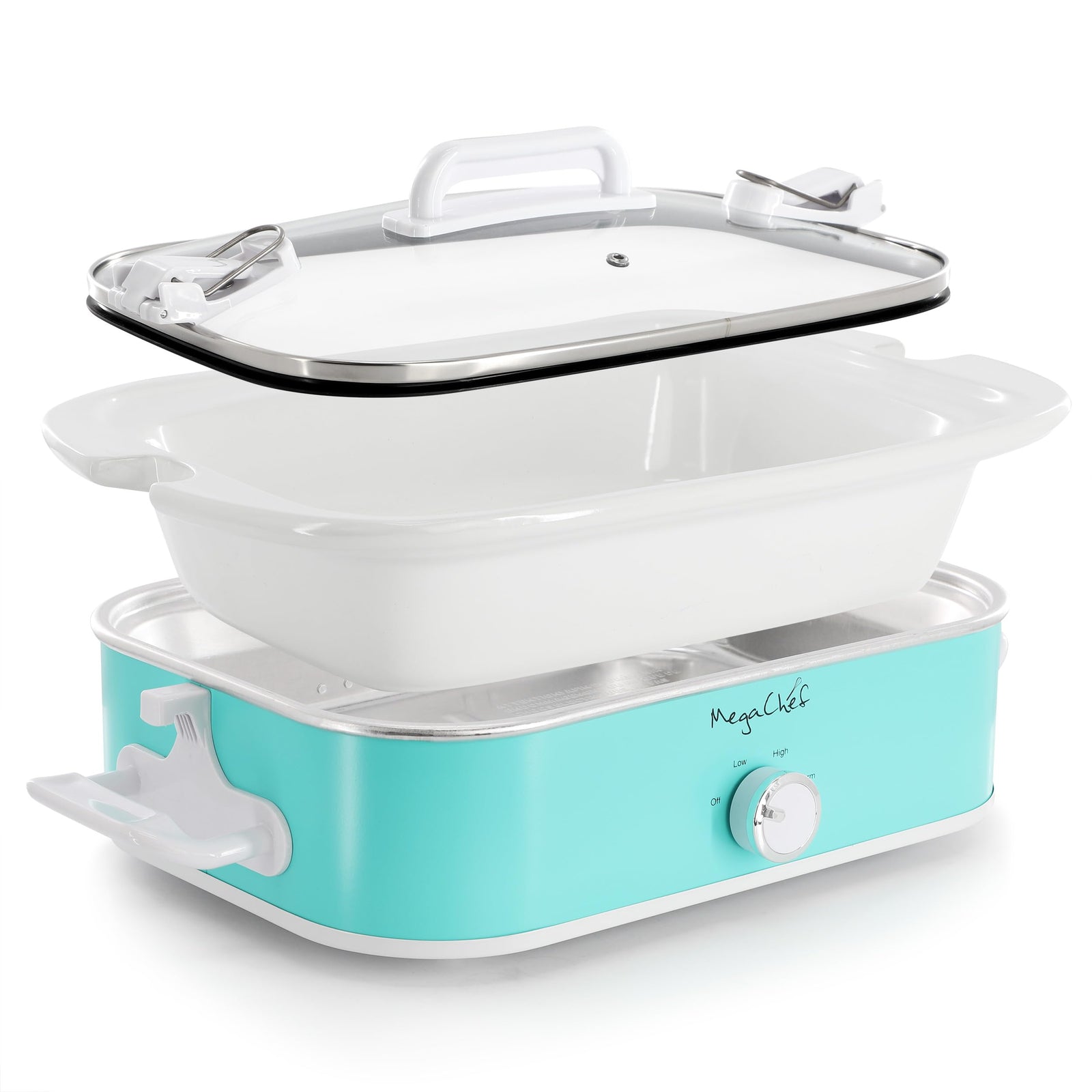 MegaChef 3.5-Quart Rectangular Casserole Slow Cooker, 9x13 Oven-Safe Stoneware Crock, Turquoise