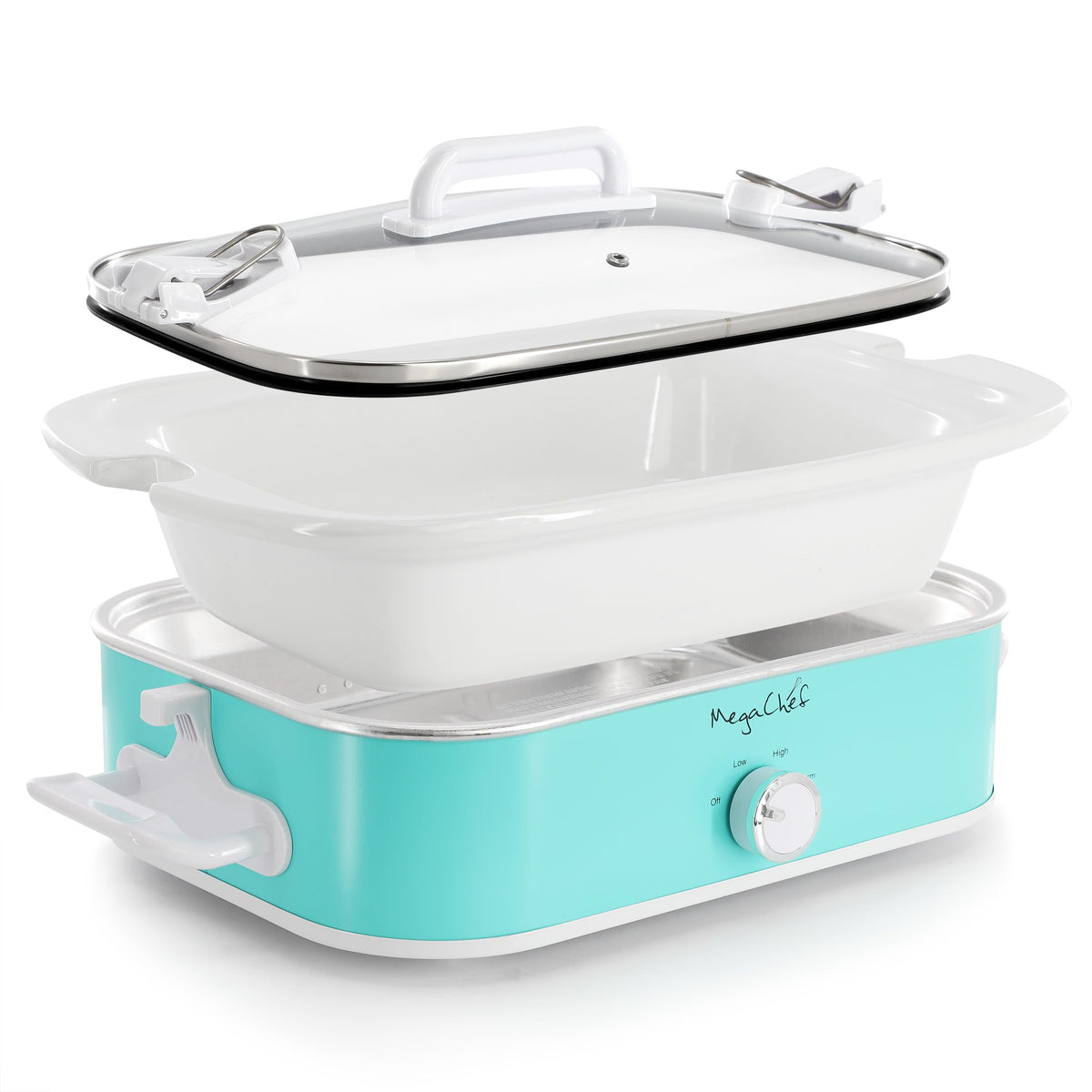 MegaChef 3.5-Quart Rectangular Casserole Slow Cooker, 9x13 Oven-Safe Stoneware Crock, Turquoise