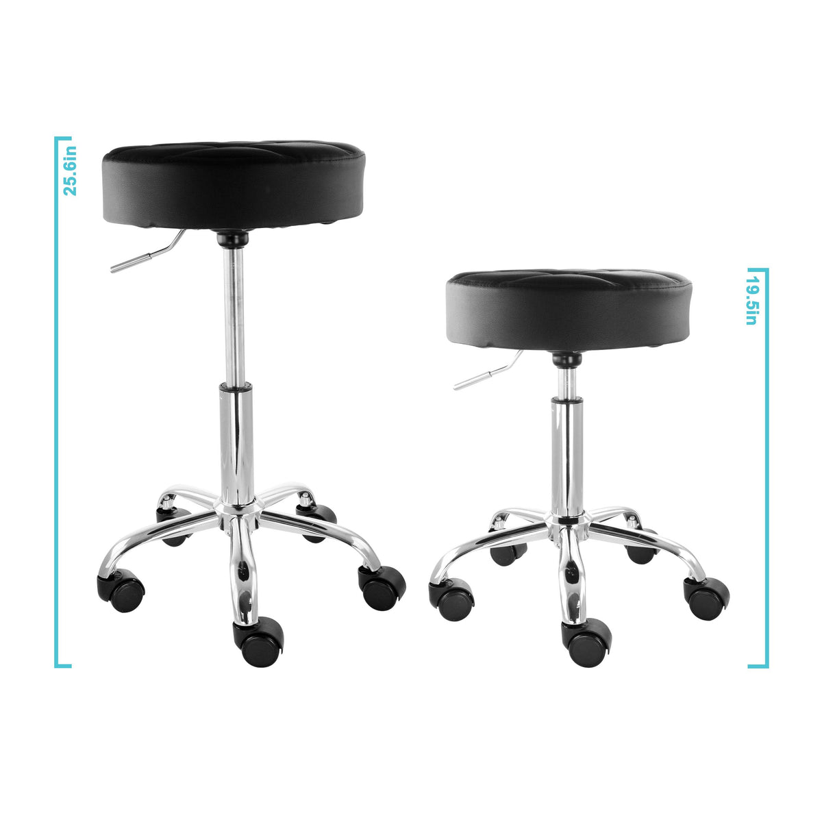 Elama black backless rolling stool shown at its highest and lowest settings to illustrate the adjustable seat height