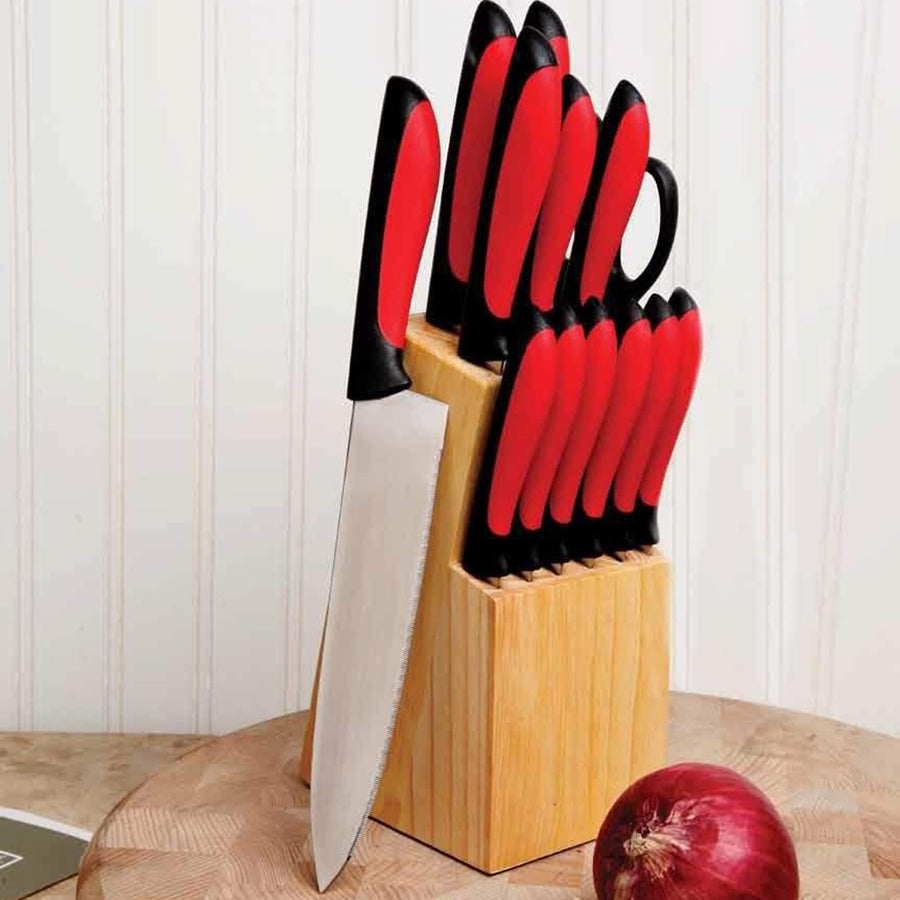 MegaChef red handle knife block set on a kitchen counter