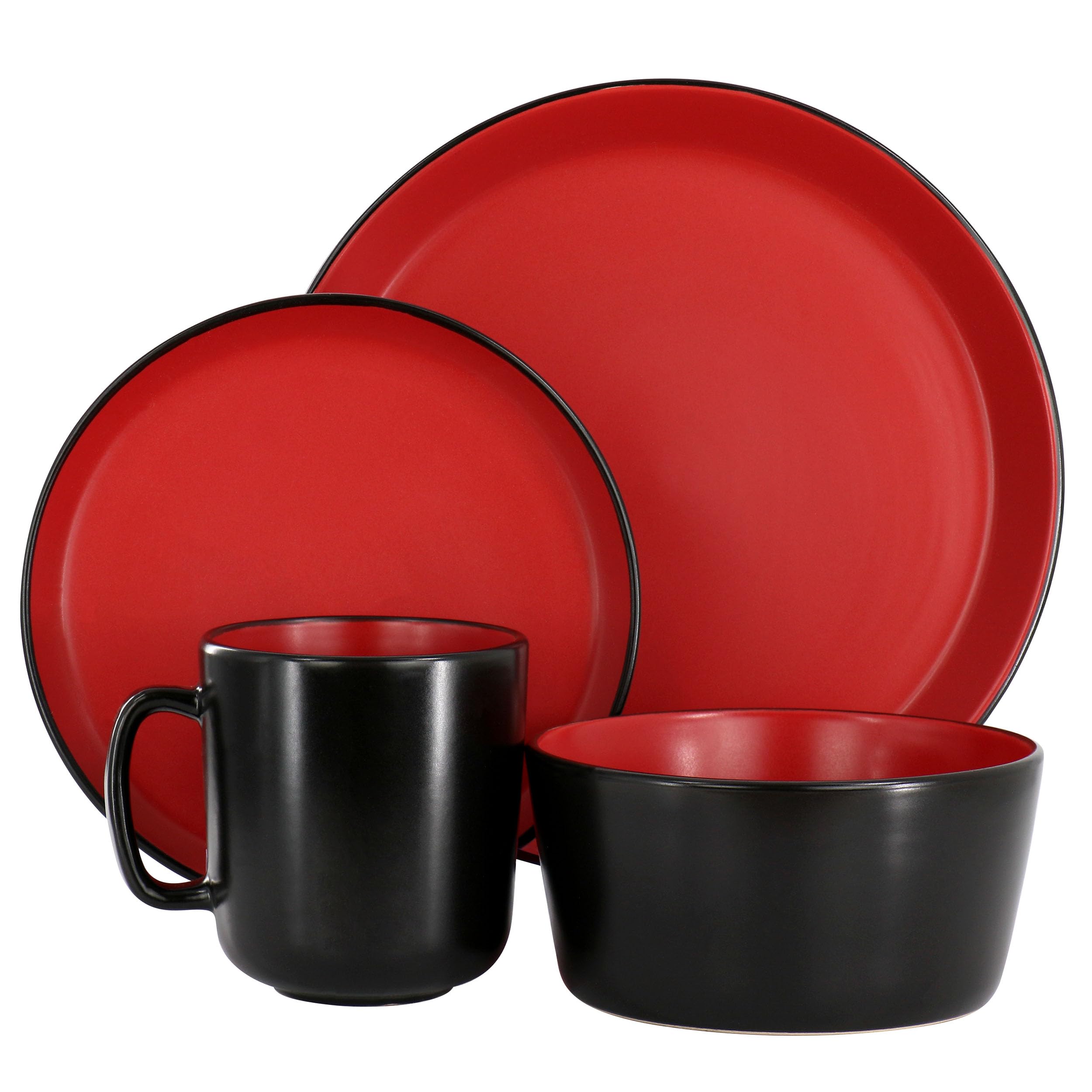 Elama Bacarra 16-Piece Stoneware Dinnerware Set – Two-Tone Matte Black & Red (Service for 4)