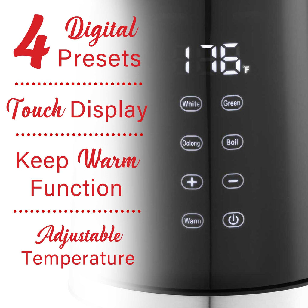 Brentwood KT-2015DBK 1.7L 1100W Digital Cool-Touch Electric Kettle - Black, 13 Temperature Settings