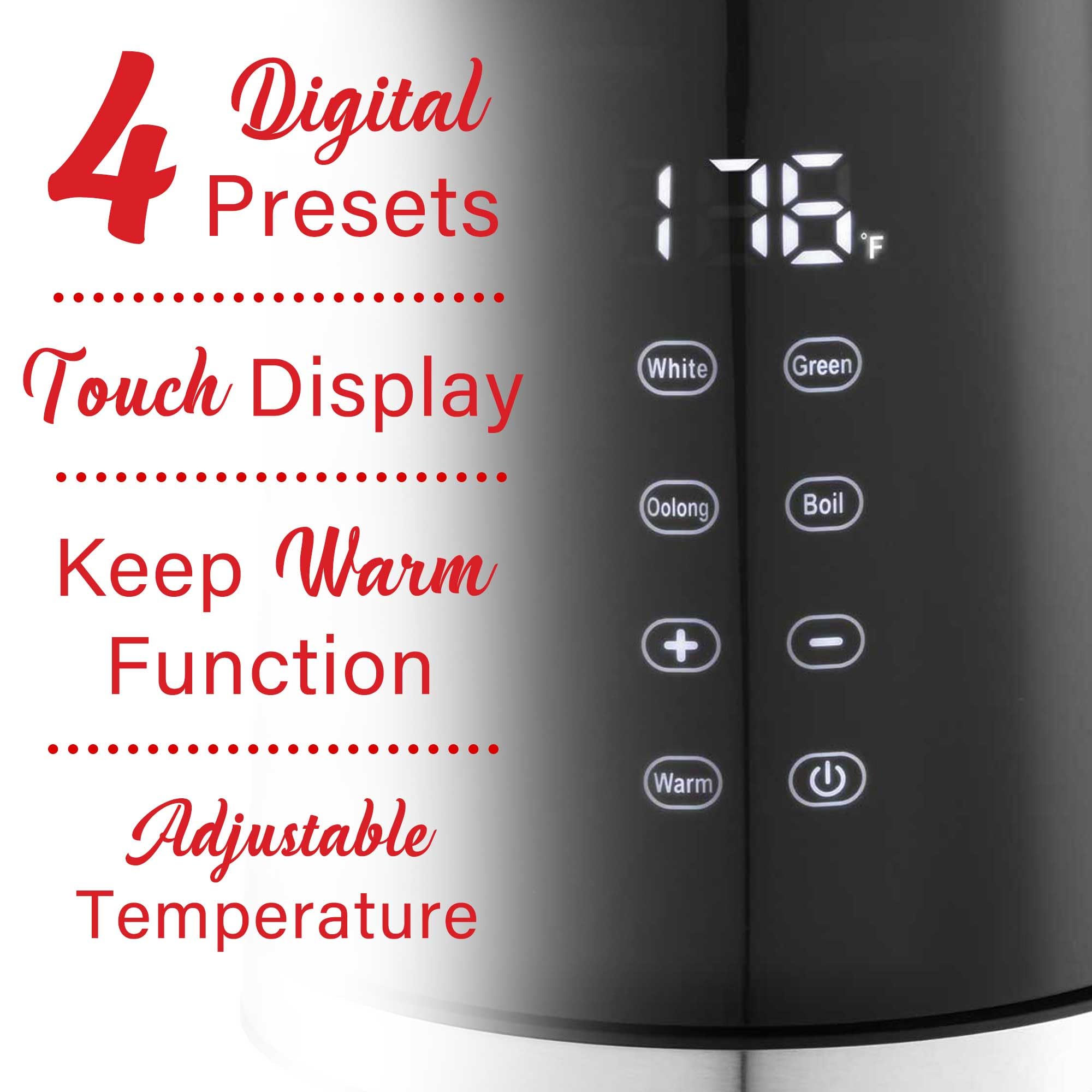 Brentwood KT-2015DBK 1.7L 1100W Digital Cool-Touch Electric Kettle - Black, 13 Temperature Settings