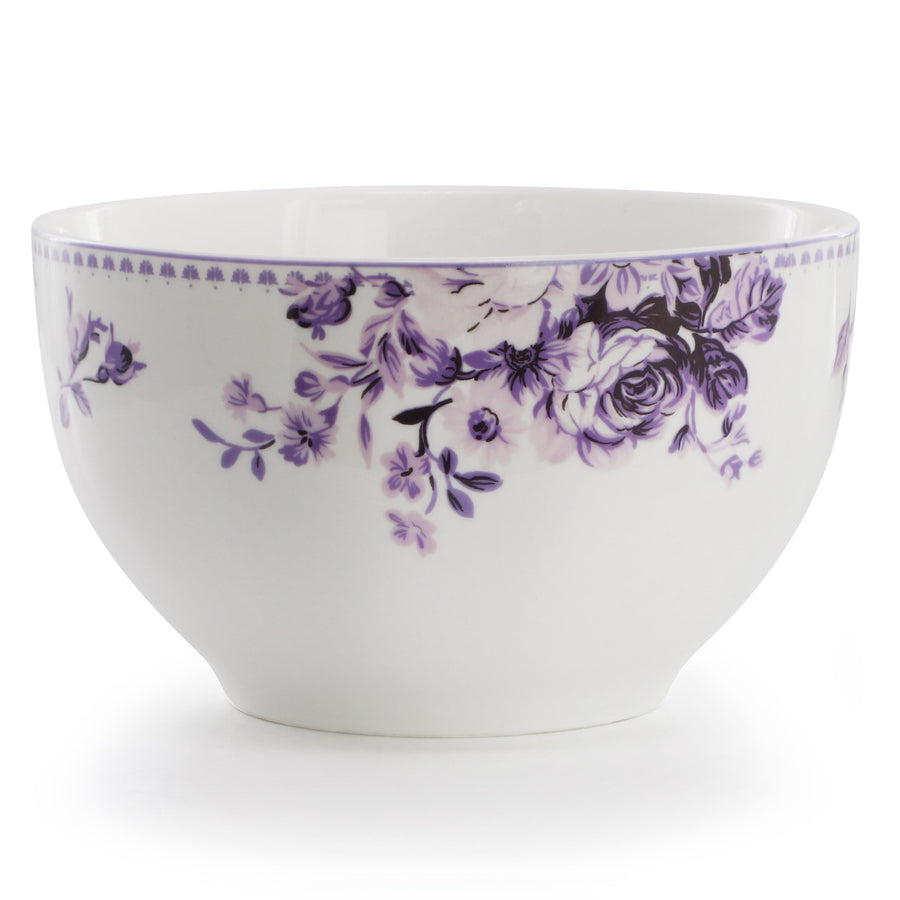 Elama Traditional Rose 24-Piece Stoneware Double Bowl Dinnerware Set, Service for 6, Purple