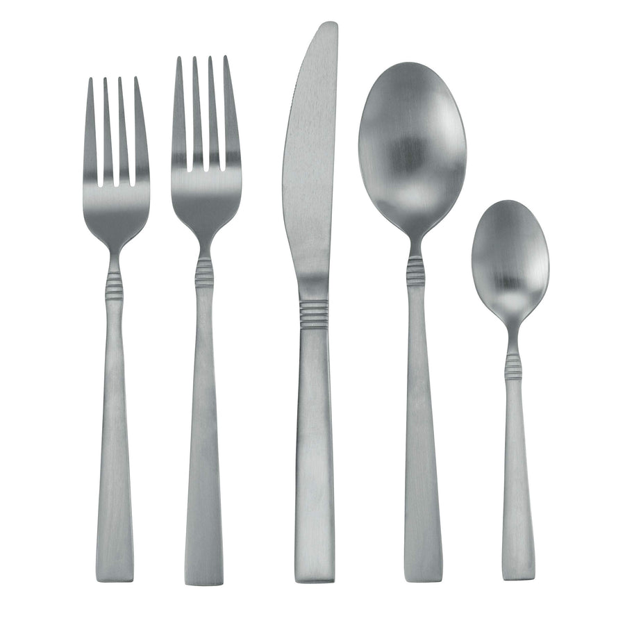 Matte silver flatware place setting: salad fork, dinner fork, knife, spoon and teaspoon