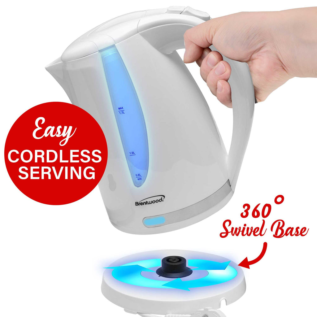 Brentwood 1.7 Liter 1100W Cordless Electric Kettle with Stainless Heating Element, White