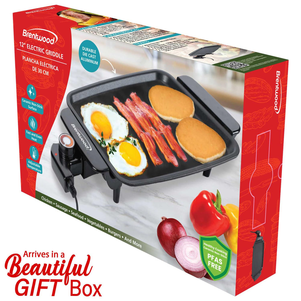 Brentwood TS-810 12 x 10 Inch Ceramic Non-Stick Electric Griddle - Black, 1200W PFAS-Free with Adjustable Temperature