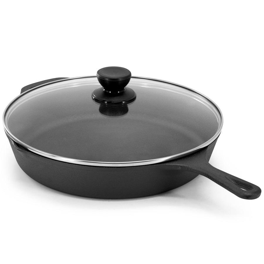 MegaChef 12 Inch Pre-Seasoned Cast Iron Skillet with Tempered Glass Lid