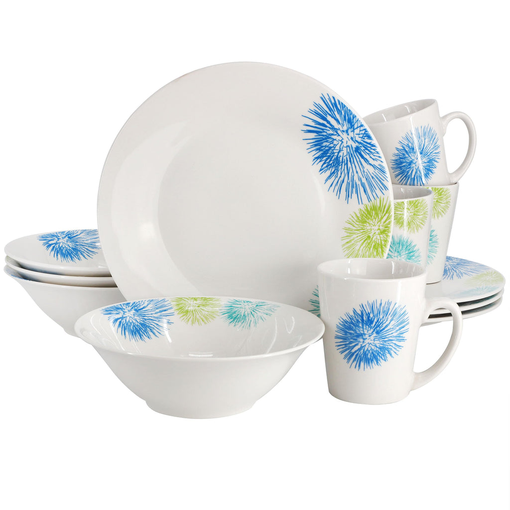 Gibson Home Blue Meadow 12-Piece Fine Ceramic Dinnerware Set – White with Blue Floral Accents, Service for 4