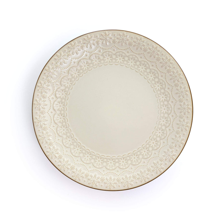 Elama Contessa 10 inch ivory stoneware dinner plate, top view of the embossed floral lace border and brown rim