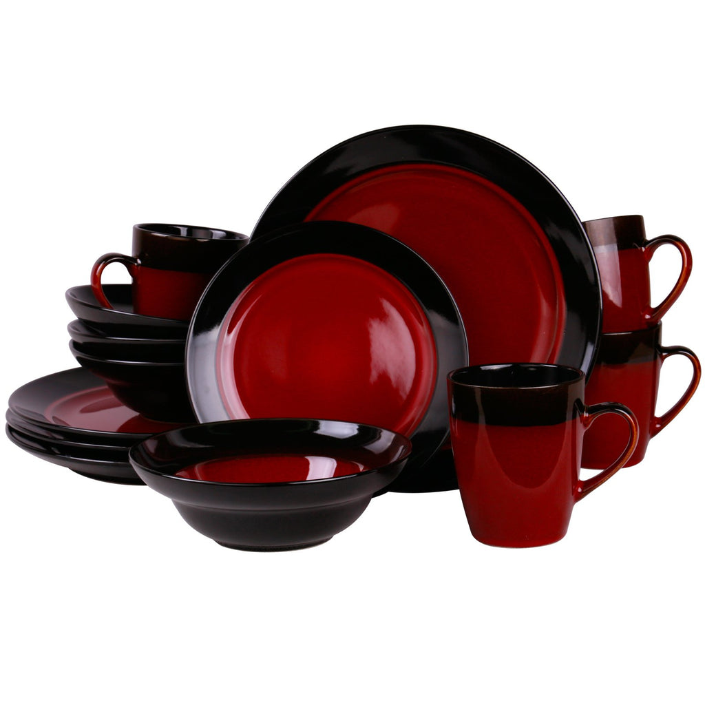 Elama Tanizia 16-Piece High Gloss Stoneware Dinnerware Set – Red & Black | Service for 4