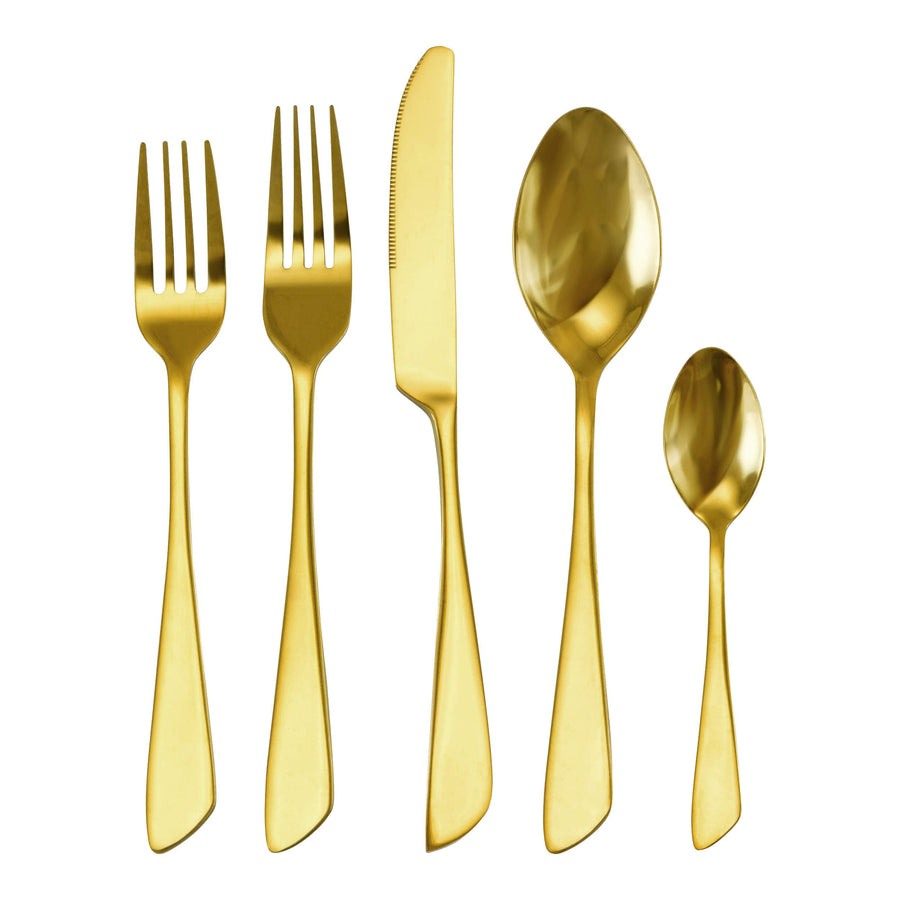 MegaChef Gibbous gold flatware place setting with salad fork, dinner fork, dinner knife, dinner spoon and teaspoon