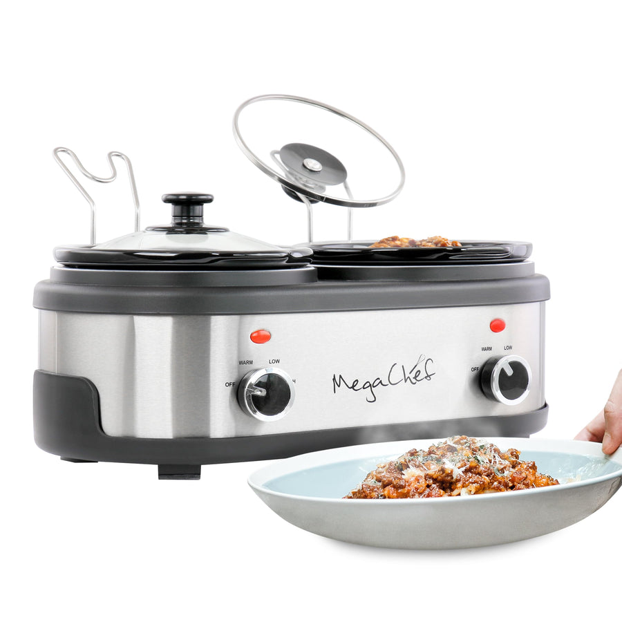 MegaChef dual 1.5 qt buffet slow cooker with two crocks and lid rests, with pasta