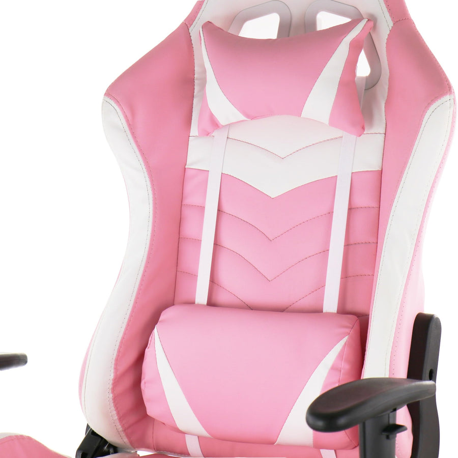 Close-up of the GameFitz pink and white gaming chair backrest with head pillow, lumbar pillow and chevron stitching