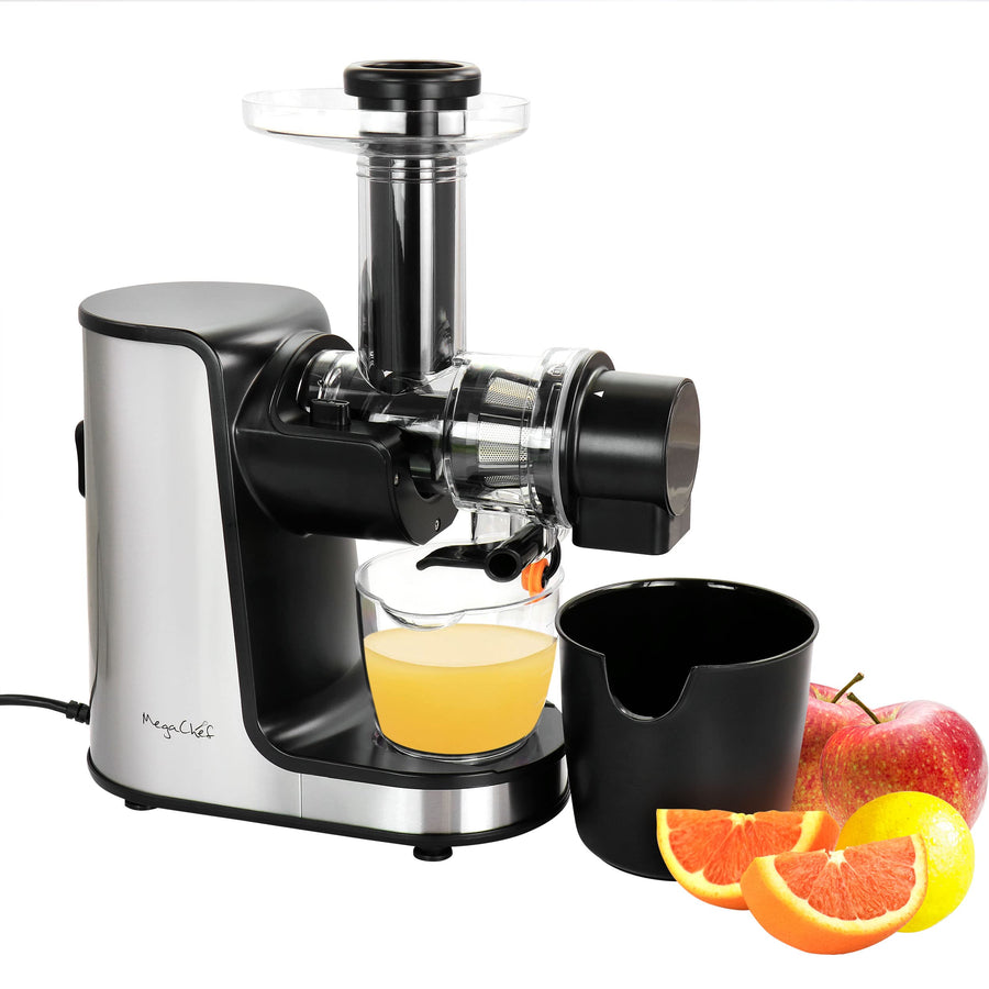 MegaChef masticating slow juicer, 150W cold press juice extractor with stainless steel housing, juice cup and pulp cup