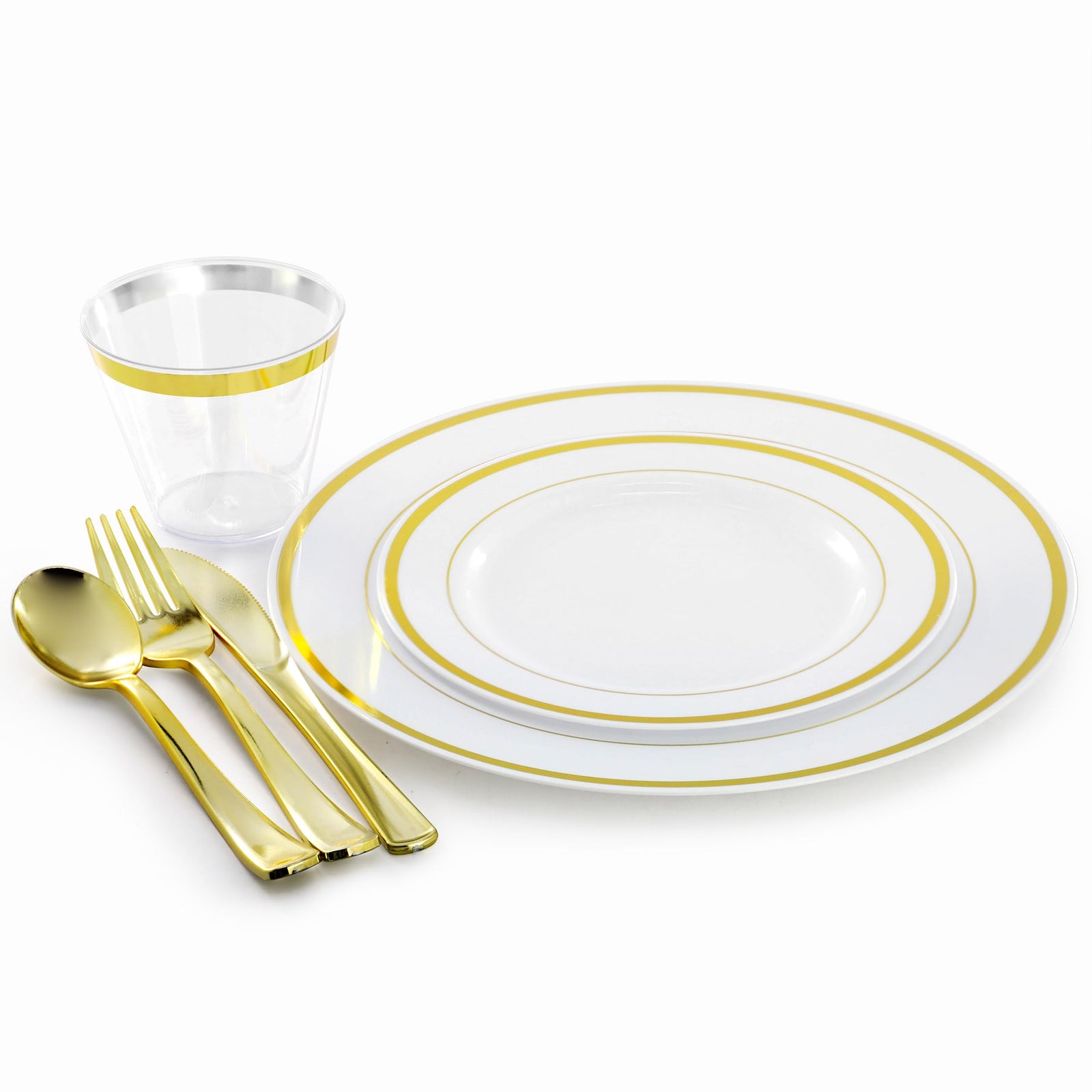 Elama 150-Piece Disposable Plastic Dinnerware Party Set for 25 Guests, White with Gold Trim, Plates Cups & Cutlery
