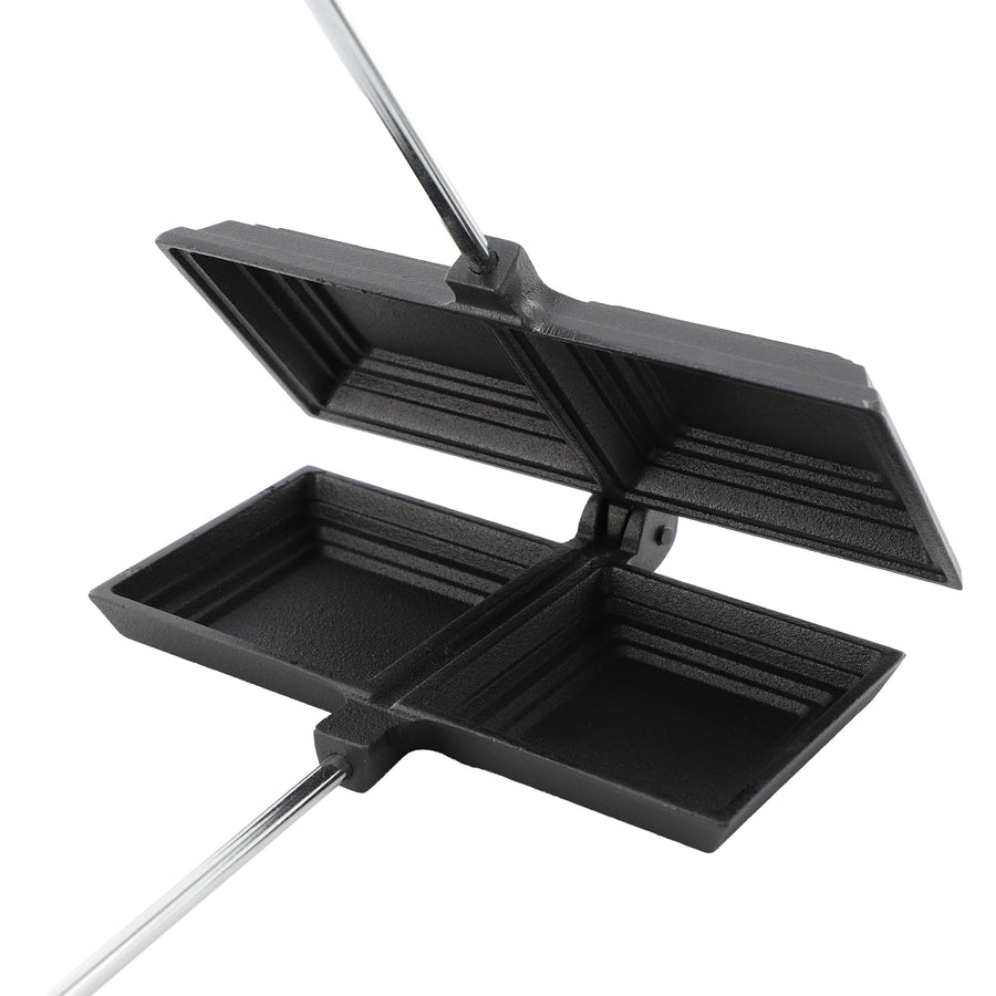 Megachef 8.26 Inch Cast Iron Pie Iron, Pre-Seasoned Campfire Sandwich and Calzone Maker with Long Handle