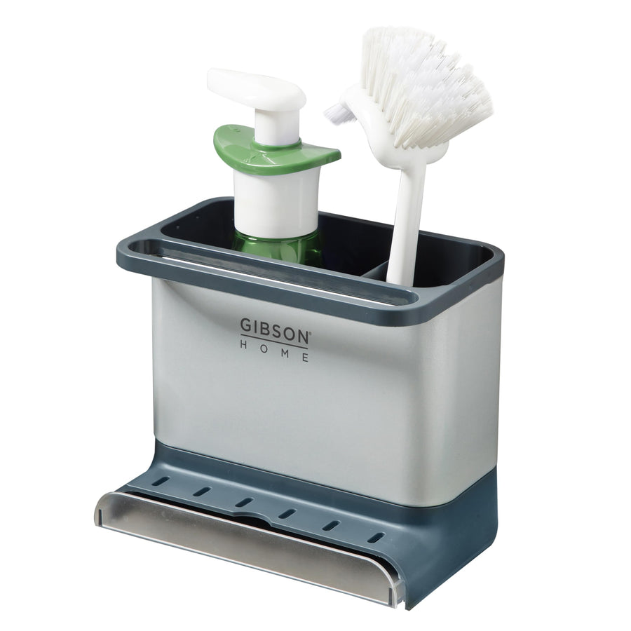 Gibson Home Ledgebrook stainless steel sink caddy organizer with dual compartments and removable drip tray
