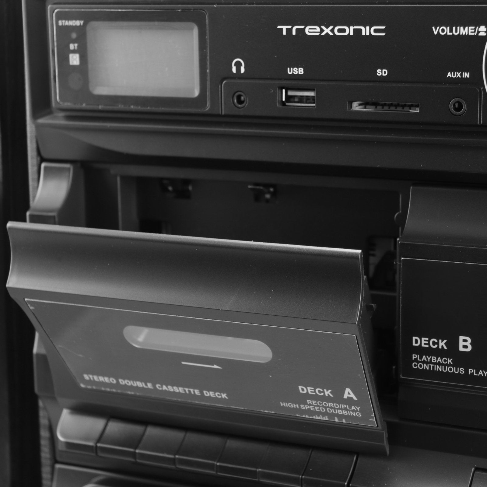 Trexonic 3-Speed Turntable Music Center with CD, Dual Cassette, FM Radio, Bluetooth & USB/SD Recording, Wood Cabinet
