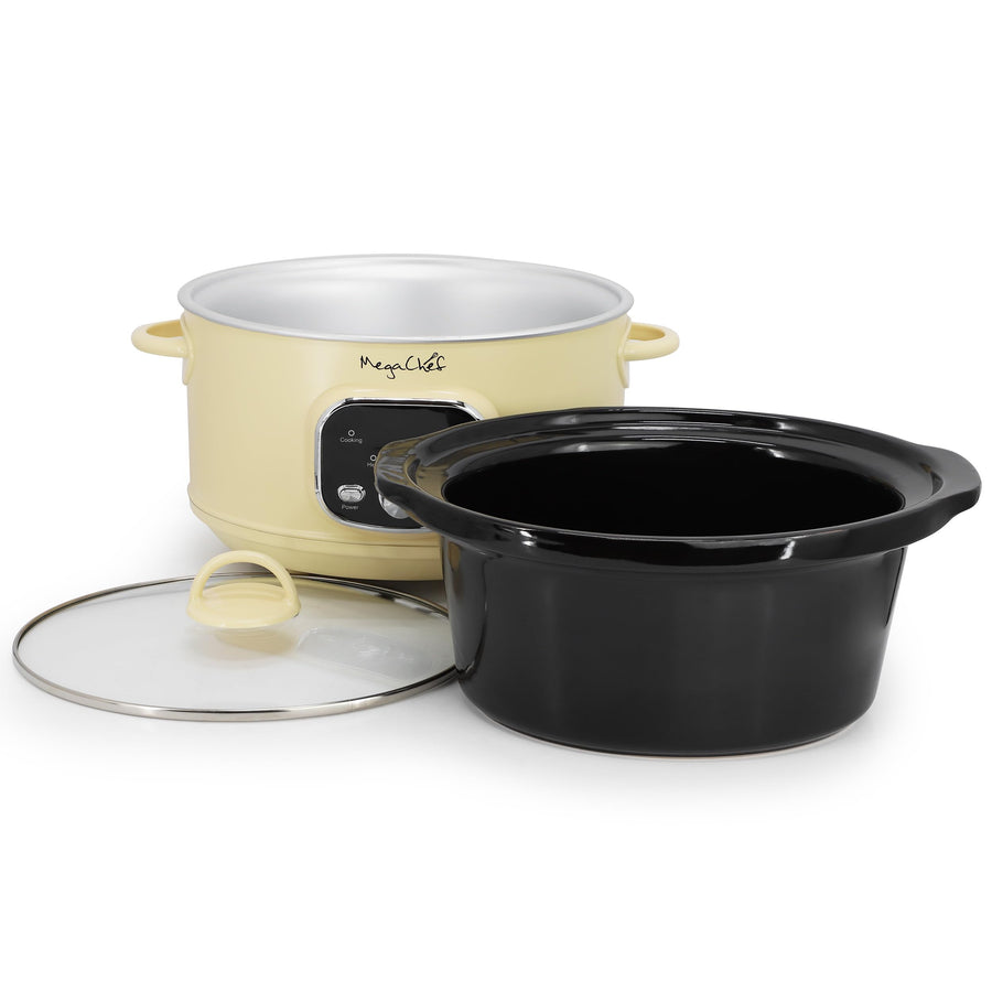 Removable ceramic slow cooker crock and glass lid beside the ivory MegaChef base