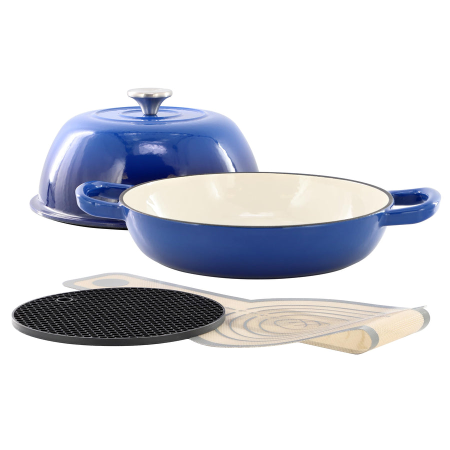 Blue enameled cast iron bread pot base with domed lid and silicone baking mat
