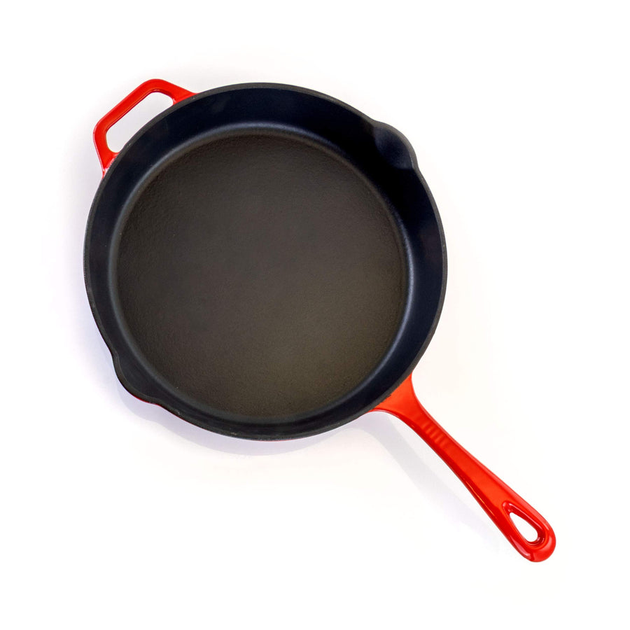 MegaChef MG-FR26AR 10.25 in Enameled Cast Iron Skillet, Gradient Red, Enamel Interior, Dual Pour Spouts, Oven Safe to 450°F