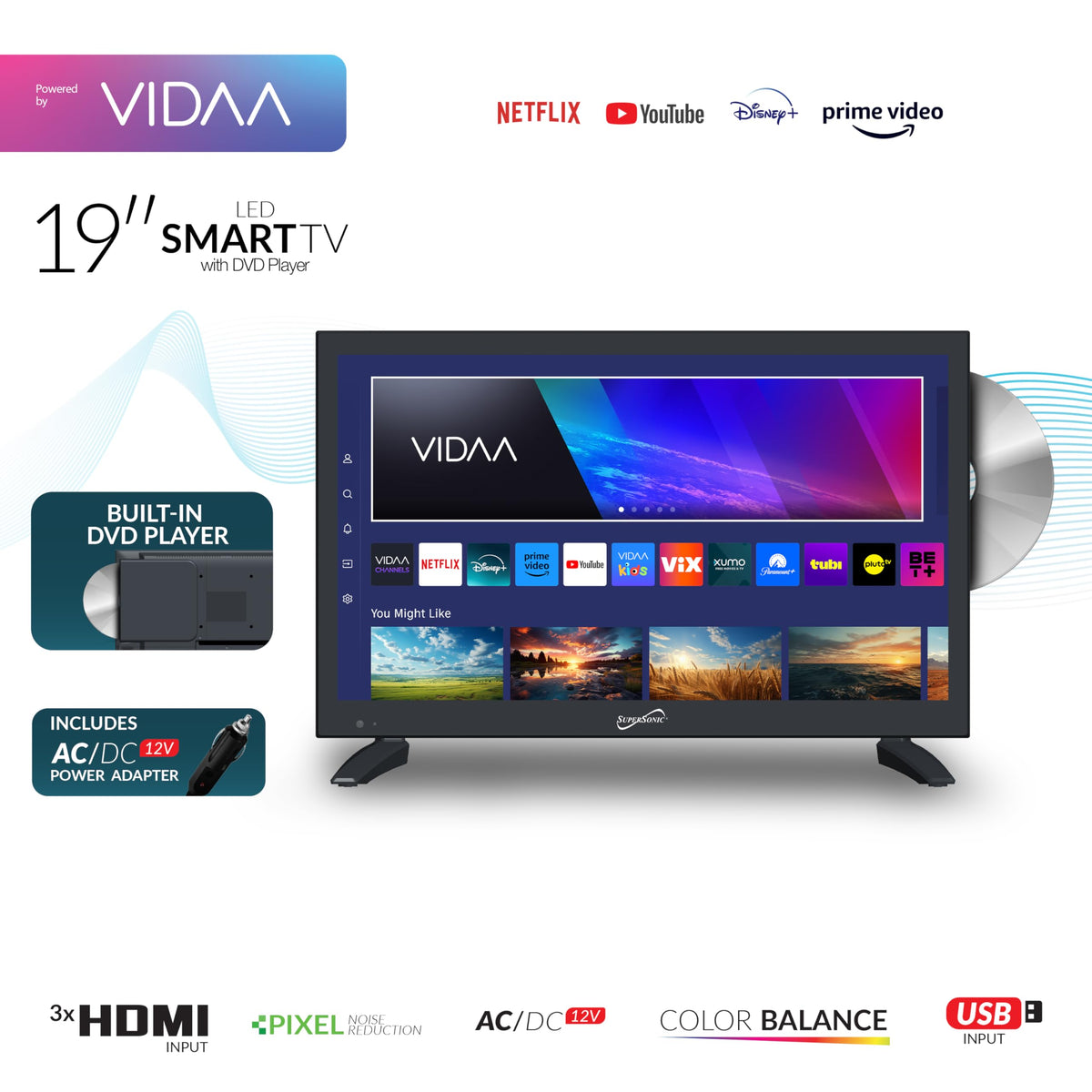SuperSonic SC-1926SDVD 19 Inch VIDAA LED Smart TV with Built-In DVD Player, AC/DC 12V Compatible