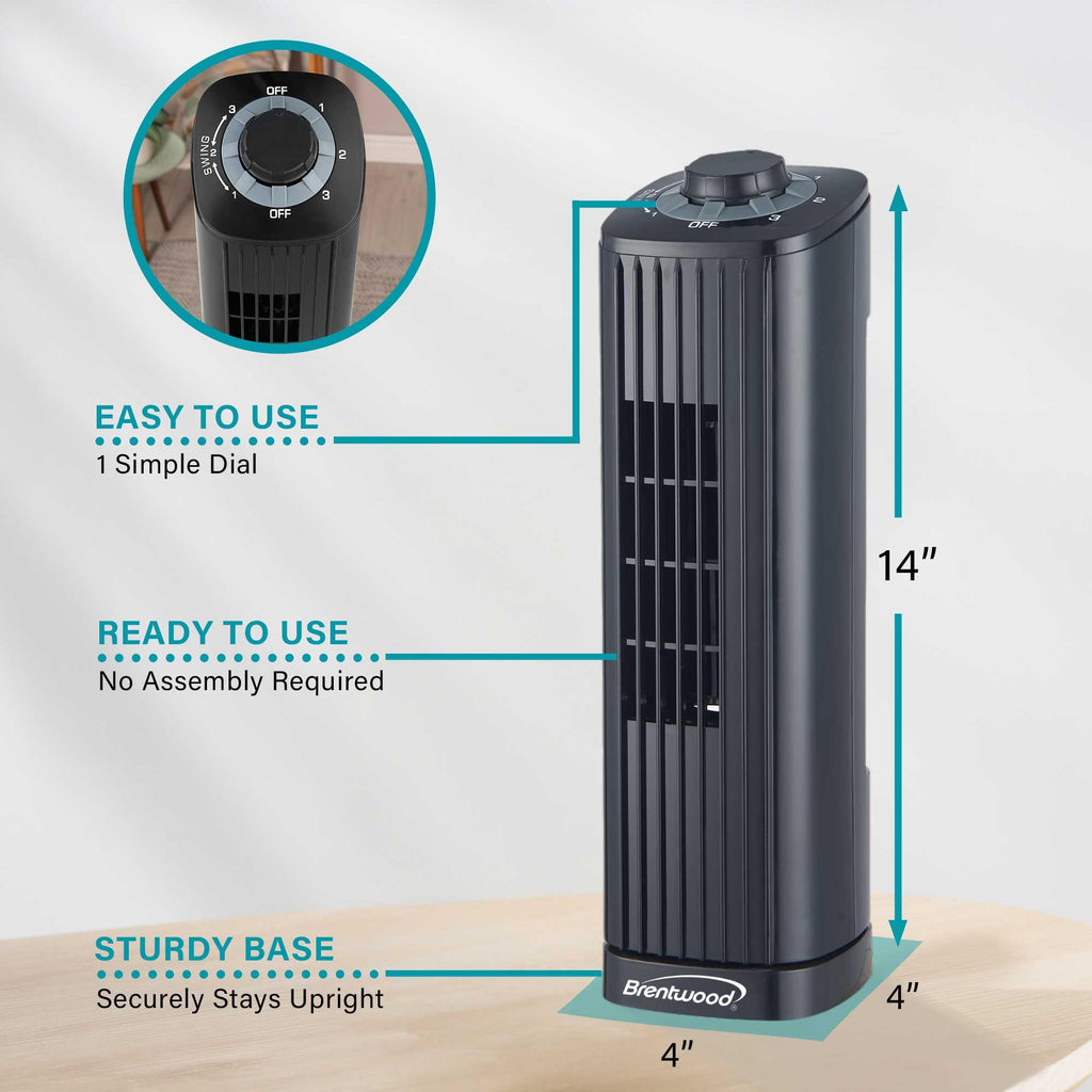 Brentwood 14-Inch 3-Speed Oscillating Portable Tower Fan, Black