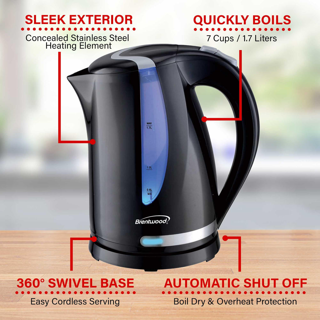 Brentwood 1.7L 1100W Cordless Electric Kettle – Black, 360-Degree Base with Concealed Stainless Element, Auto Shut-Off & Boil-Dry Protection