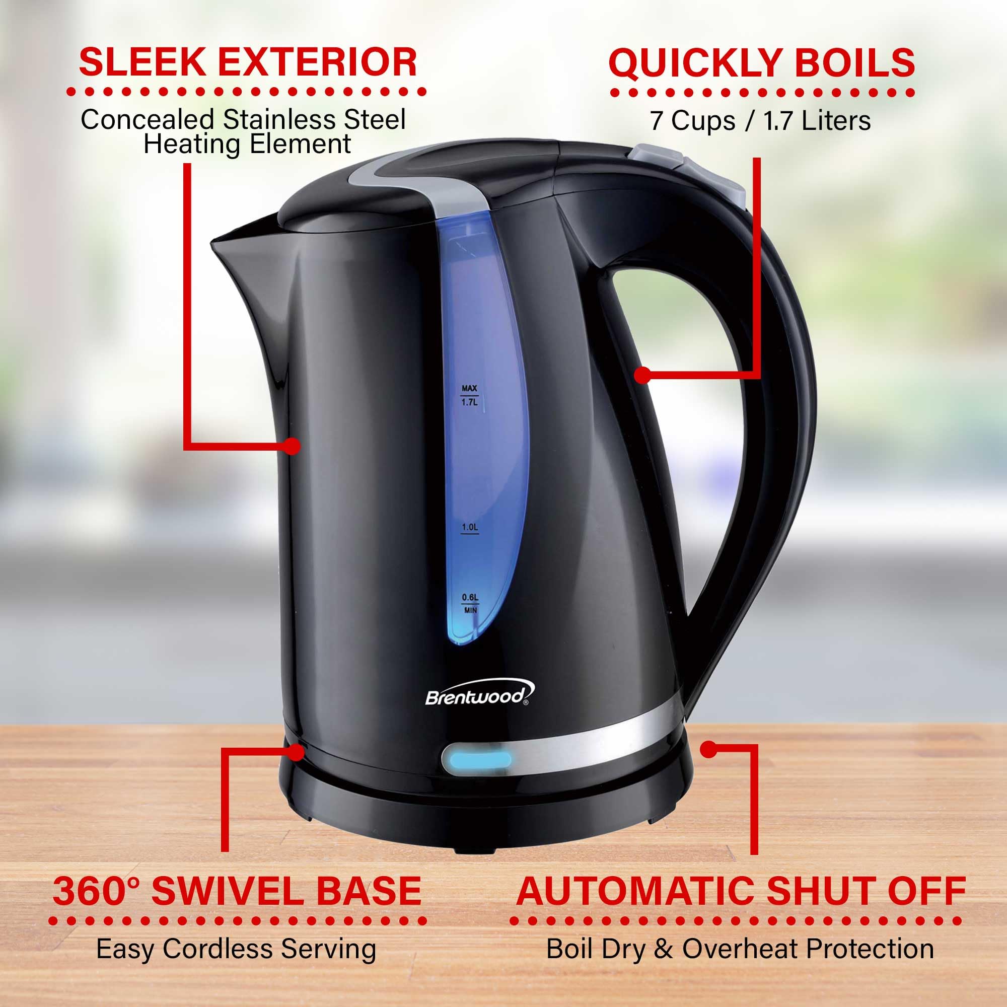 Brentwood 1.7L 1100W Cordless Electric Kettle – Black, 360-Degree Base with Concealed Stainless Element, Auto Shut-Off & Boil-Dry Protection
