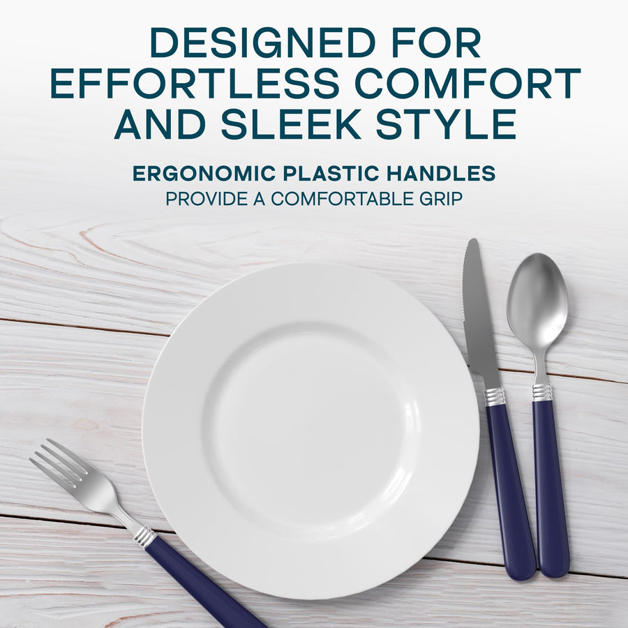 Cobalt blue handle knife and fork beside a white dinner plate, ergonomic plastic handles