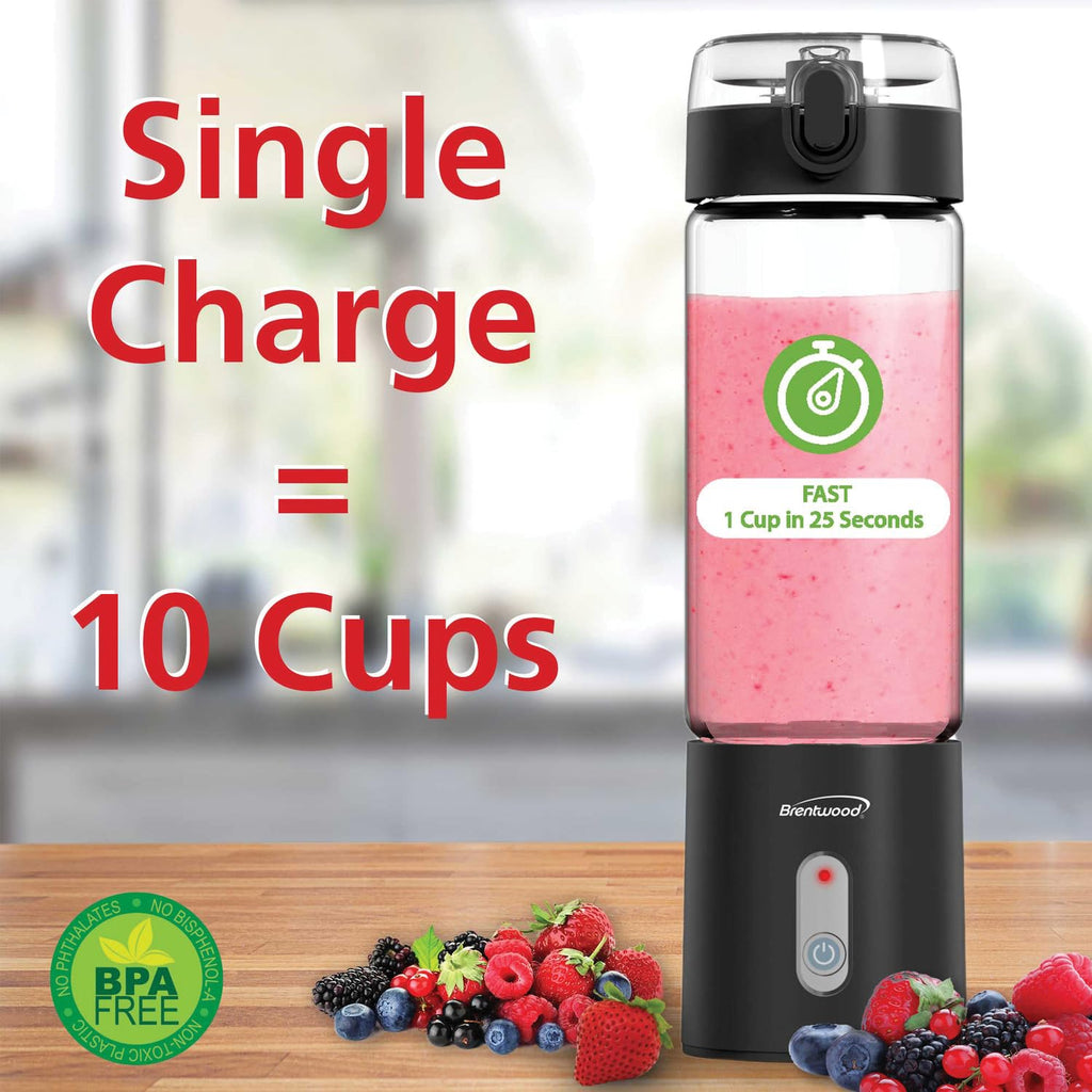 Brentwood RJB-100BK 17 oz Portable USB Rechargeable Glass Blender - Black, 16,000 RPM with BPA-Free Glass Jar